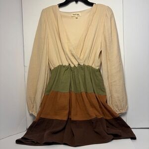 Peach Love California Tiered Colorblock Gauze Mini Dress Cream Green Rust Med
